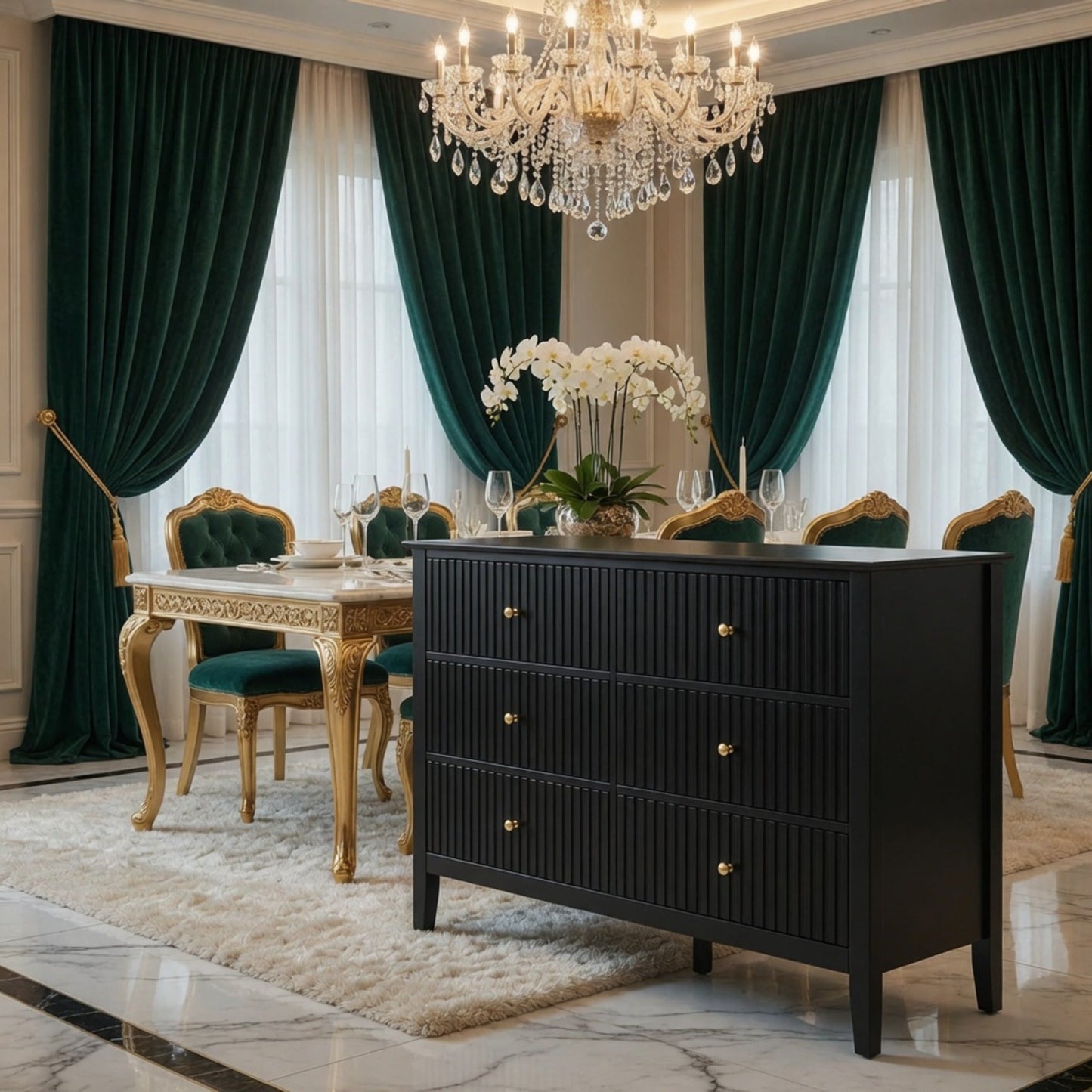 47.2" Wide Black 6-Drawer Fluted Dresser