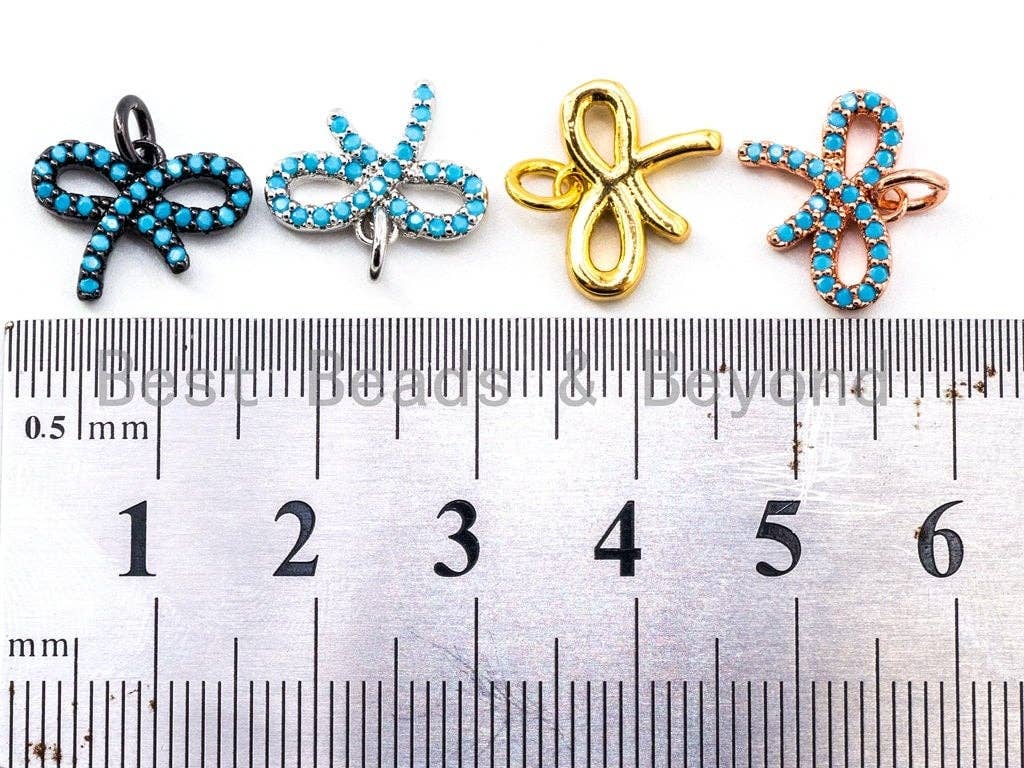 CZ Micro Pave Turquoise Bowknot Pendant/Charm, Blue CZ Charm in Gold/Silver/Black Finish for Necklace Bracelet, 11x14mm, sku#F337