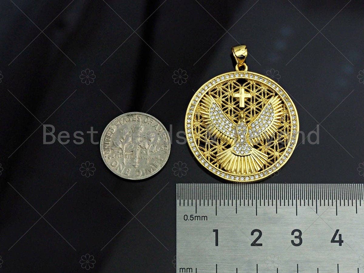 18K Gold Hollow Out Tercel On Round Coin Shape Pendant, Eagle Round Charm, Animal Pave Pendant, Gold plated,mm, Sku#LK53