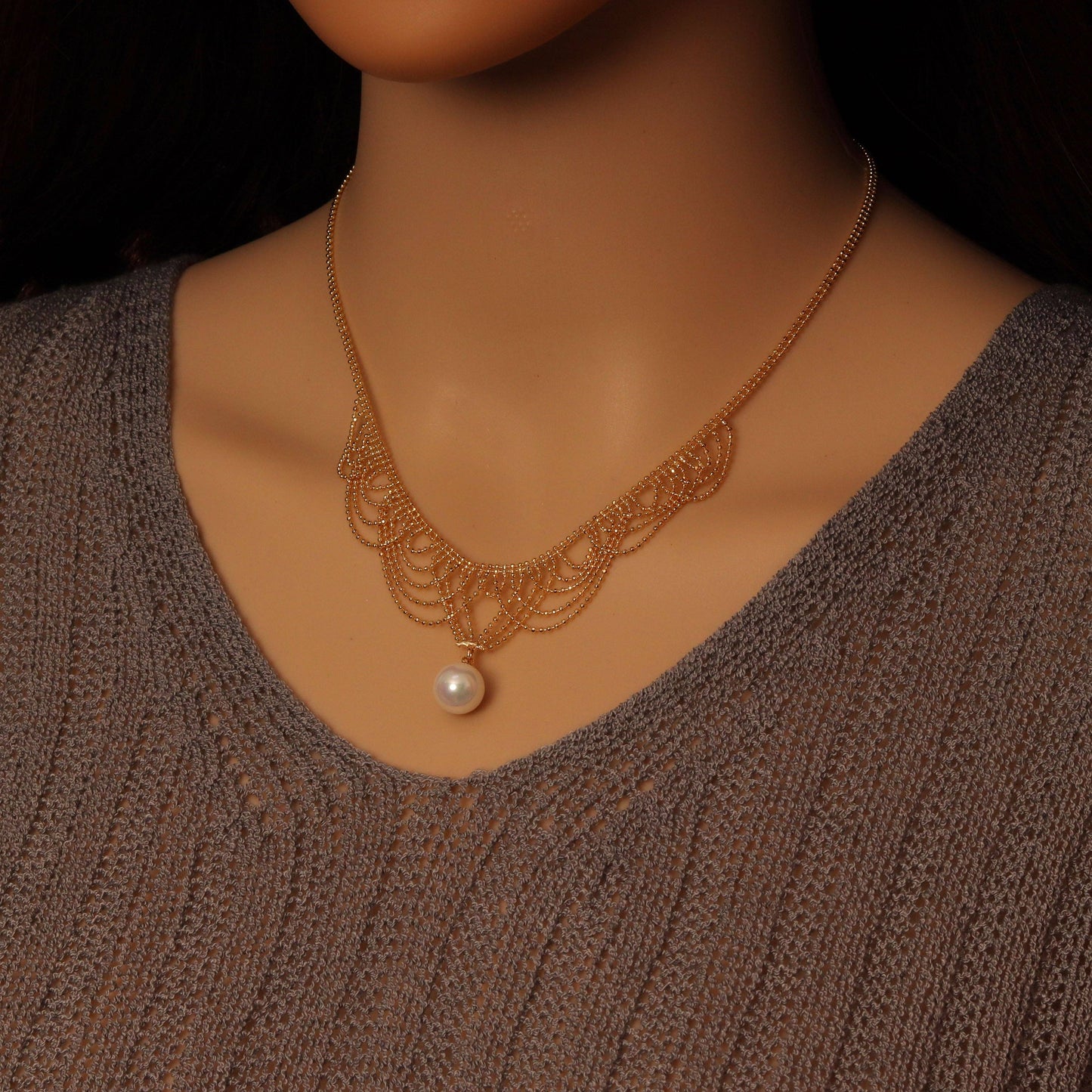 Dainty Gold ball Chain Fancy necklace with Pearl pendant, Sku#ZX208
