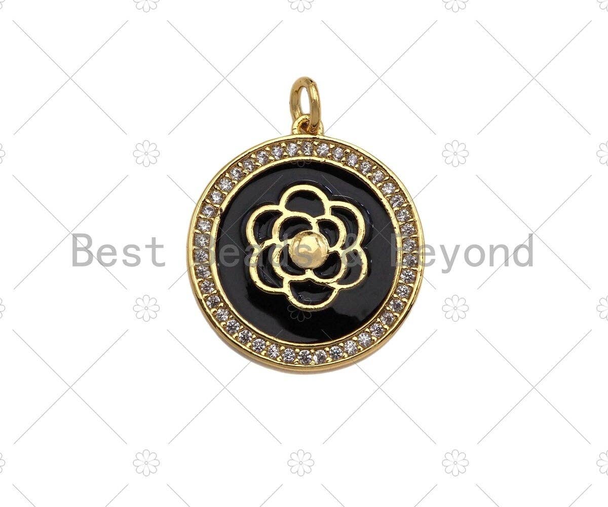 Colorful Enamel Pave Rose Flower On Round Coin Pendant/Charm, Sku#L439