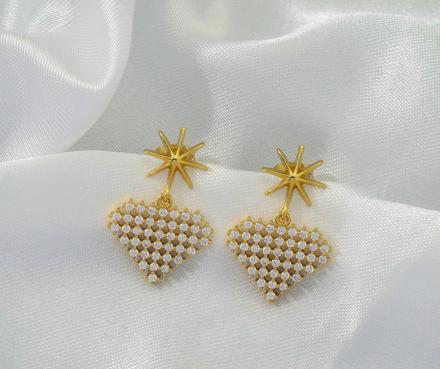 Pave Gold Heart Star Stud Everyday Earrings, Sku#Y695