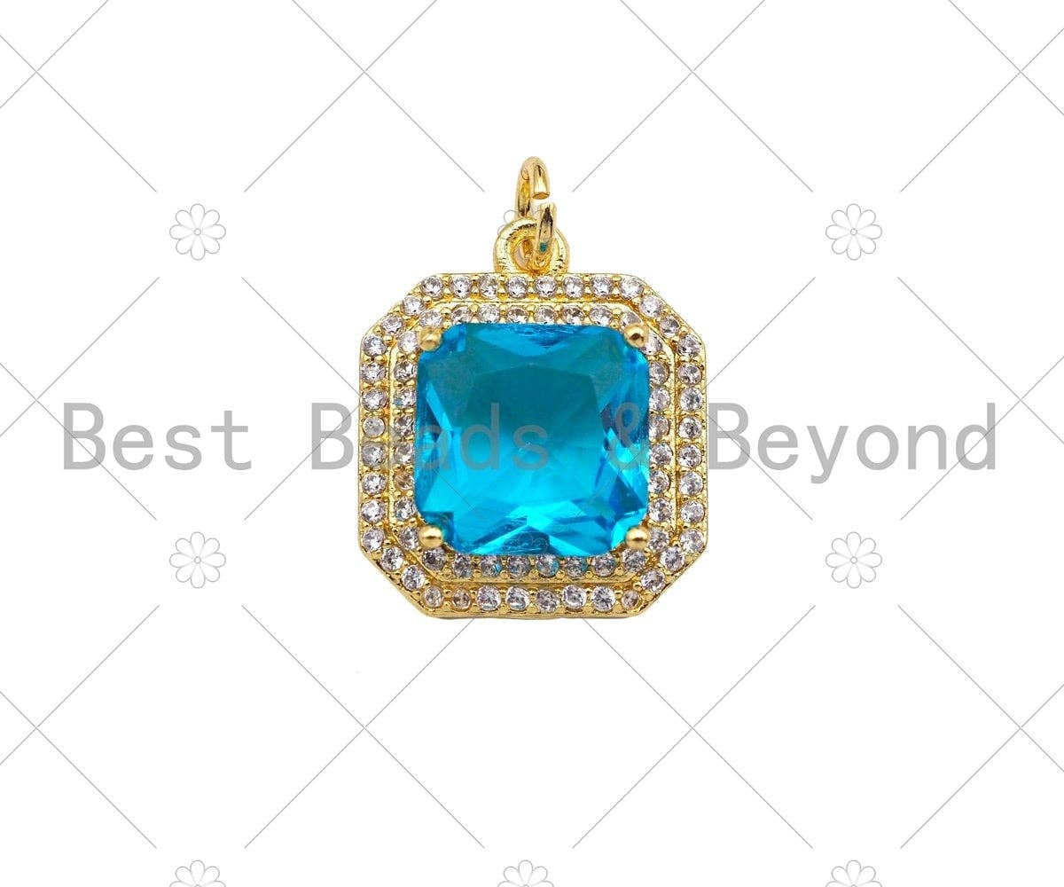 Gold Filled Big CZ Micro Pave Square Shape Pendant,18K Gold Filled Clear/Blue CZ Charm, Necklace Bracelet Charm Pendant,15x18mm,Sku#LK328