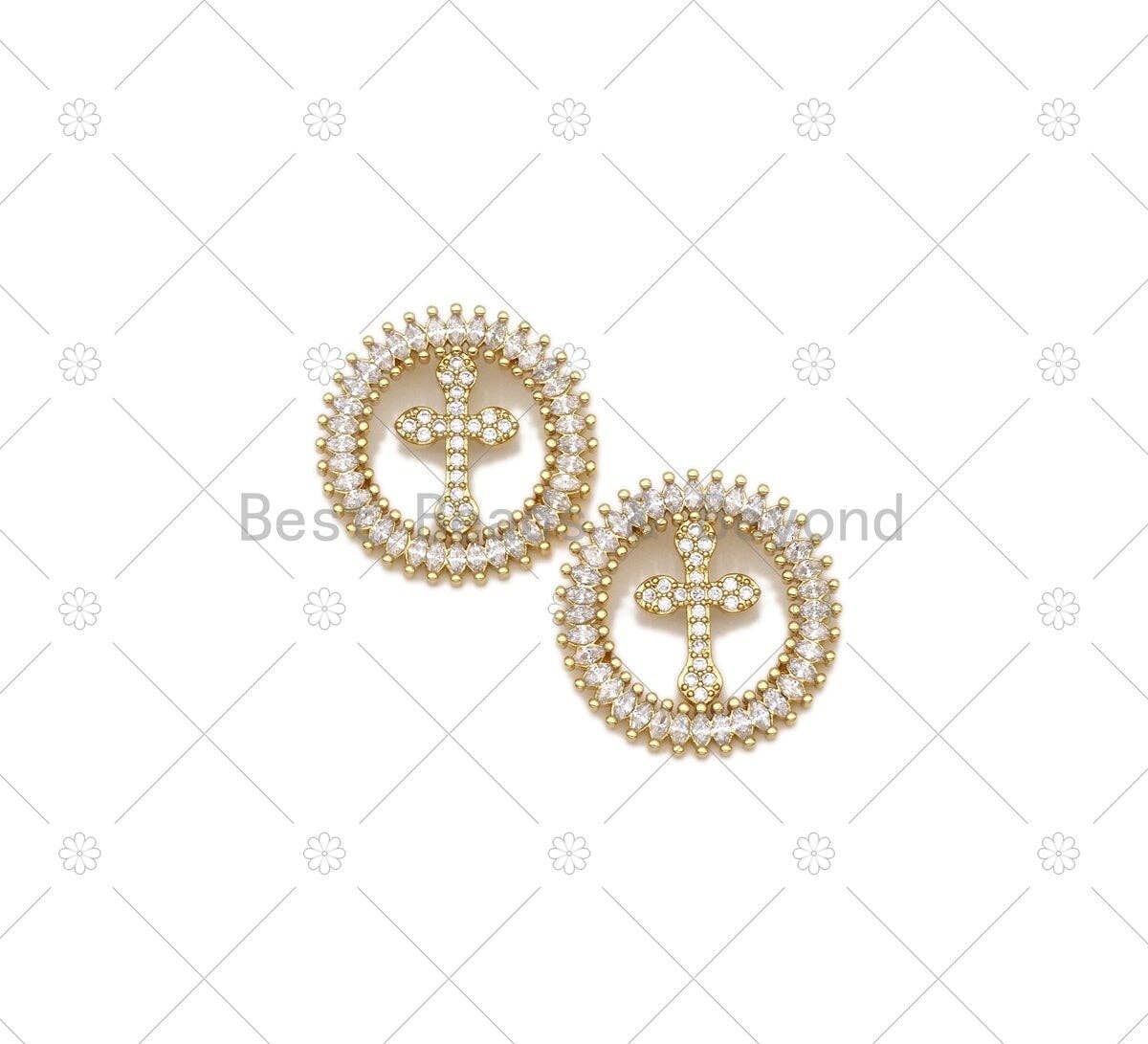 Baguette CZ Cross Coin Pendant,18K Gold Filled Cross Charm,Sku#LK461