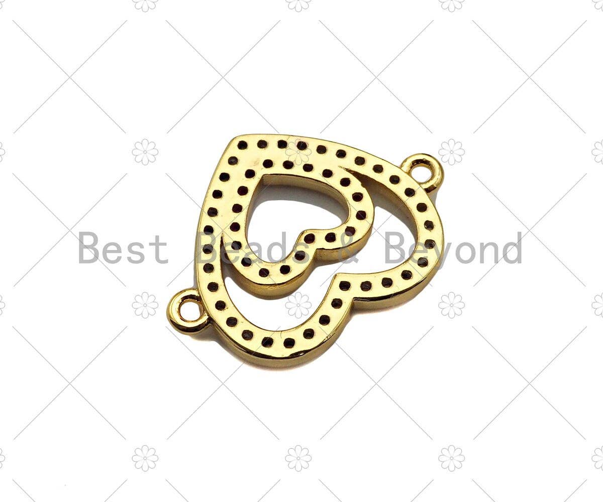 Gold Filled Fuchsia CZ Heart with Clear CZ Heart Shape Connector,18K Gold Filled Heart Charm, Necklace Bracelet Pendant,17x23mm,Sku#LK367