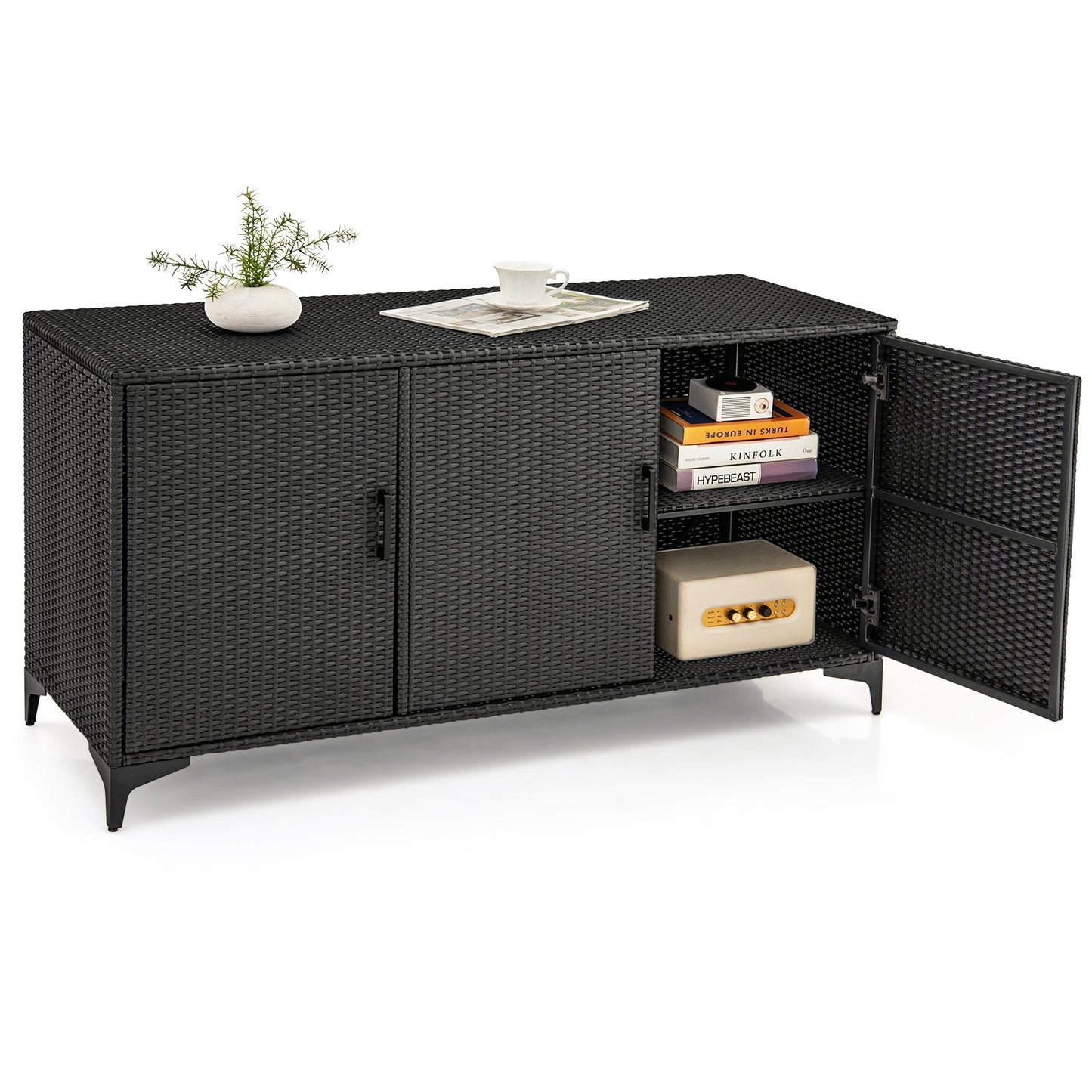84 Gallon Patio Wicker Deck Box 3-Door PE Rattan Storage Container with Removable Shelves