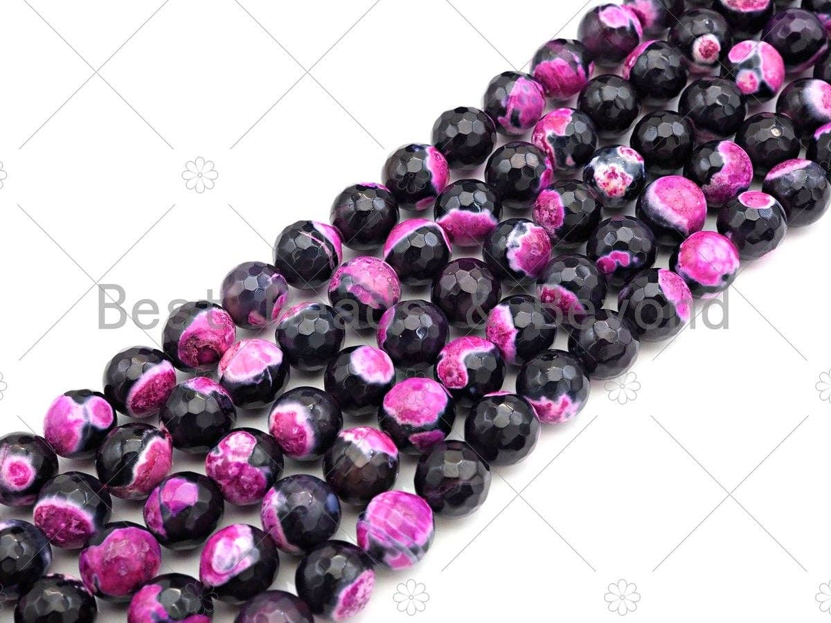 Natural Hot Pink Black Fire Agate Round Faceted Beads, 8mm/10mm/12mm Hot Pink Black Fire Agate, Natural Agate, 15.5" Full Strand, Sku#U1059