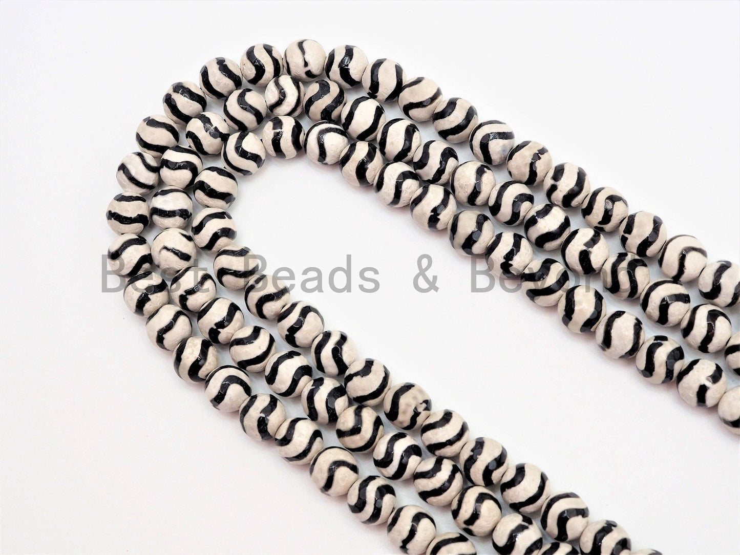 Dzi Black Band Faceted Round Beads,  Zebra Striped Tibetan A
