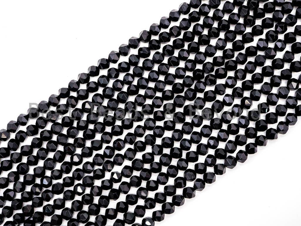 Quality Natural Black Onyx Diamond Cut Beads, 6mm/8mm/10mm/12mm, Round Faceted Black Onyx Gemstone Beads, 15inch strand, SKU#U41