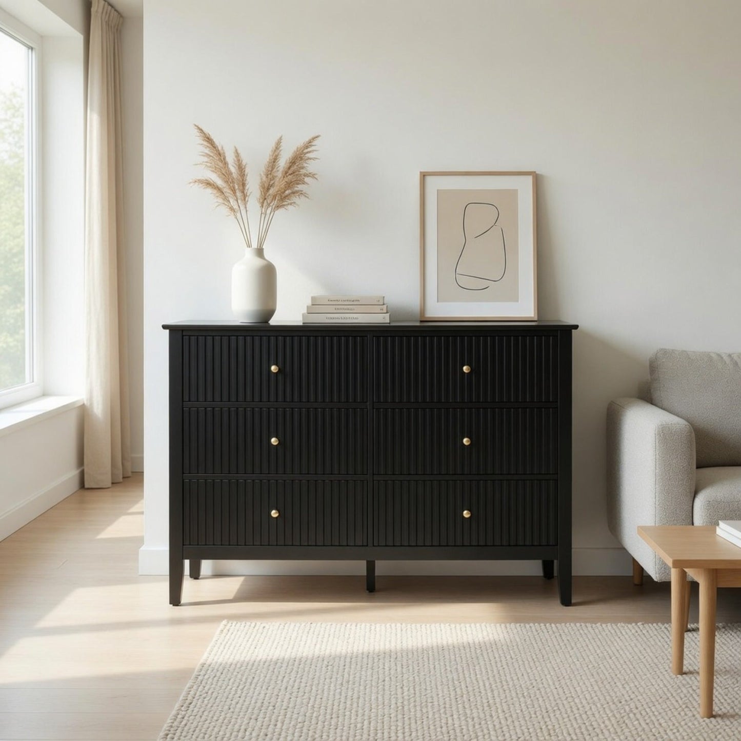 47.2" Wide Black 6-Drawer Fluted Dresser