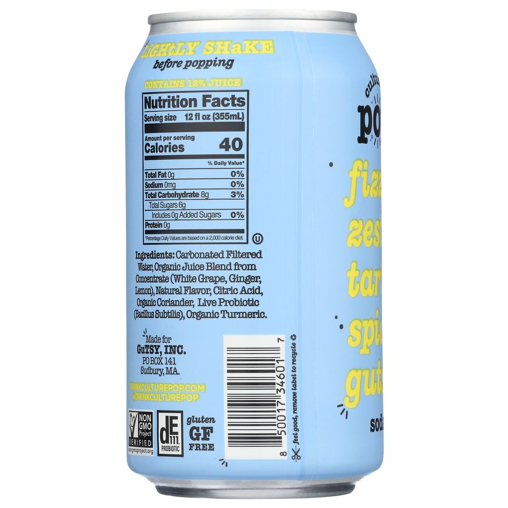 CULTURE POP: Ginger Lemon & Turmeric Probiotic Soda, 12 fo