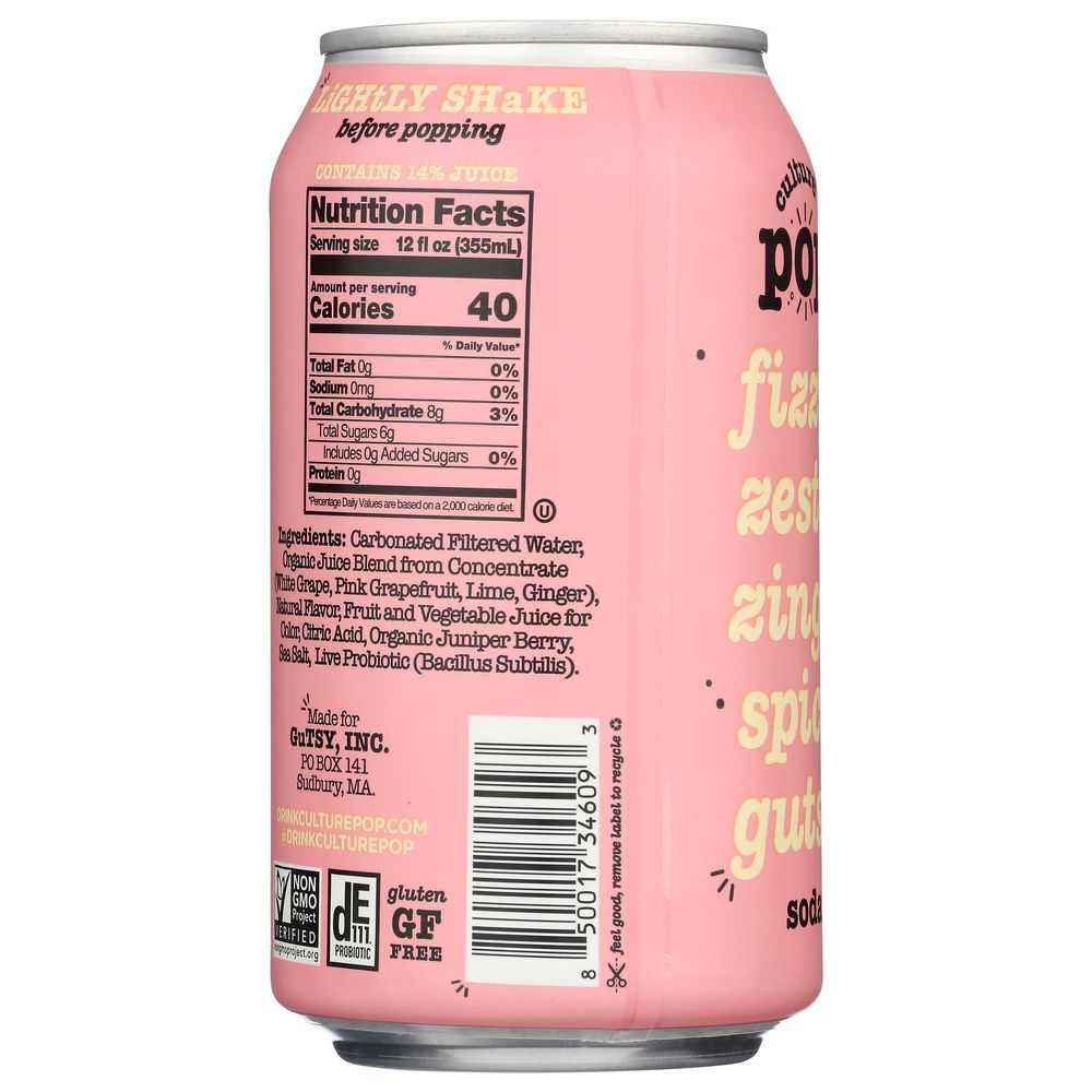 CULTURE POP: Pink Grapefruit Ginger & Juniper Probiotic Soda, 12 fo