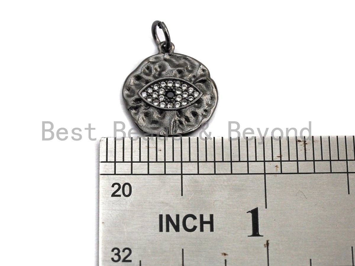 Hammered CZ Micro Pave Evil Eye on Disc Pendant/Charm,Evil Eye CZ Pendant, Silver/Gold/Rose Gold/Black Tone,15x17mm,Sku#Z454