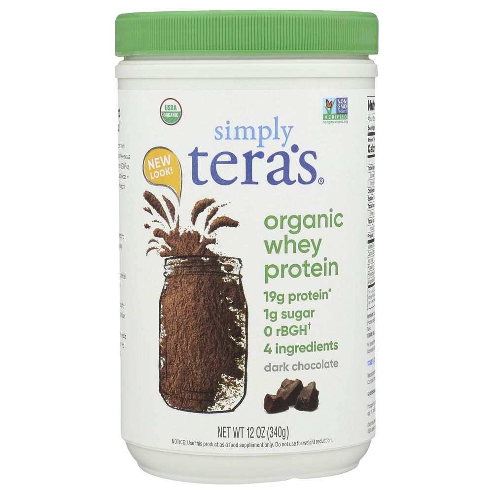 TERA'S WHEY: Grass Fed Organic Whey Protein Fair Trade Dark Chocolate, 12 oz