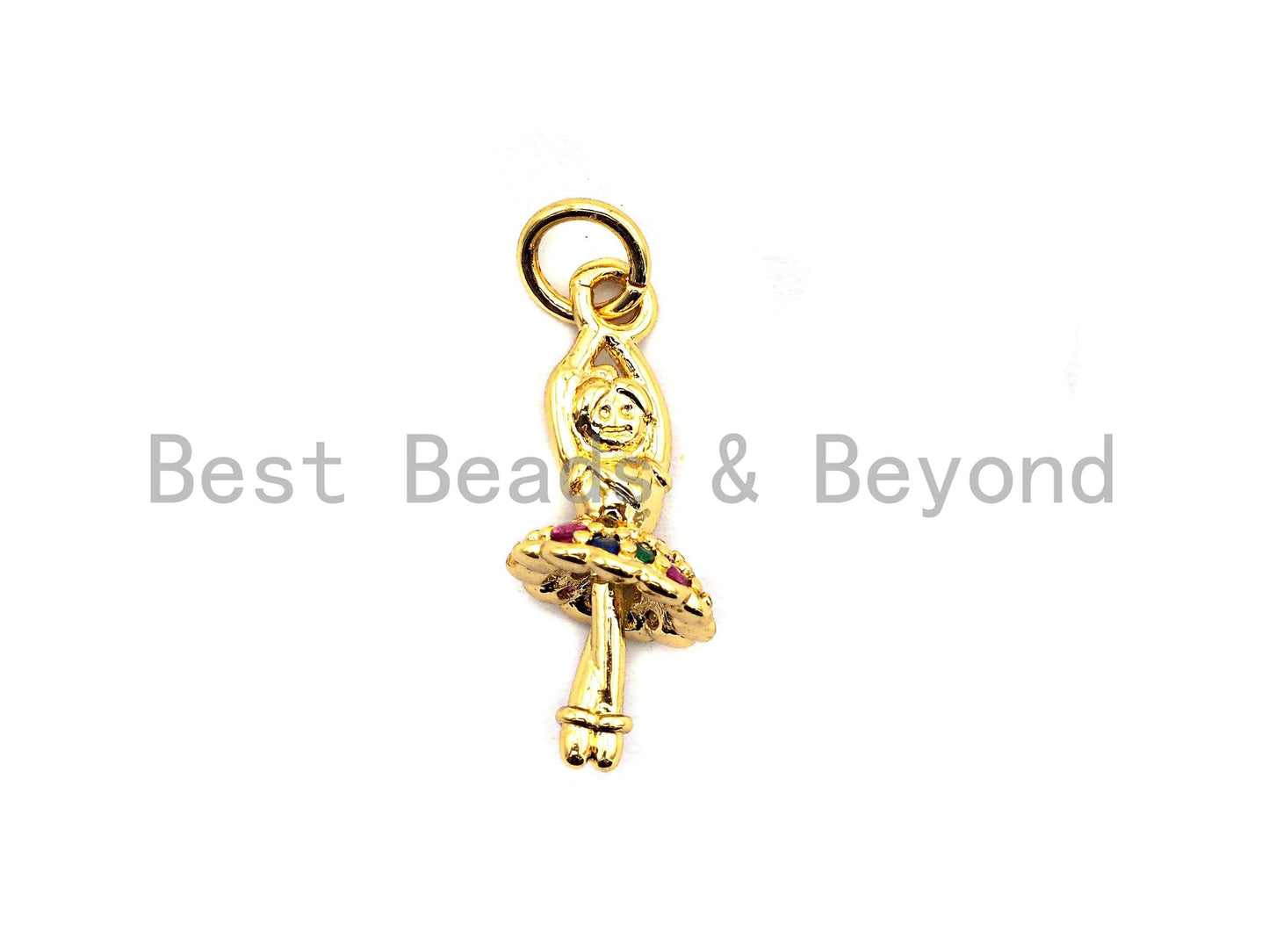 CZ Colorful Micro Pave Ballet Dancer Pendant, Dancing Girl Pave Pendant, Gold plated, 8x19mm, Sku#F830