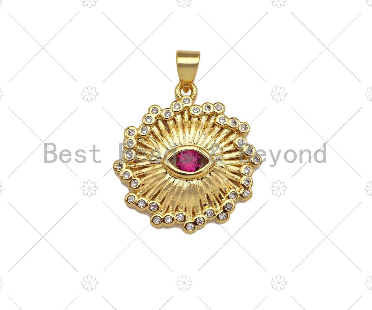 Fuchsia CZ Micro Pave 18k Gold Evil Eye On Sunflower Pendant, Cubic Zirconia Medallion Pendant,CZ Micro Pave Pendant,22x23mm, Sku#LK212