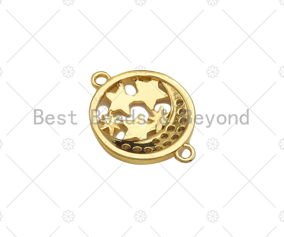 CZ Micro Pave North Star With Cresent Moon Connector, Cubic Zirconia Round Connector, 18k Gold Necklace Bracelet Connector,16x21mm,Sku#LK312