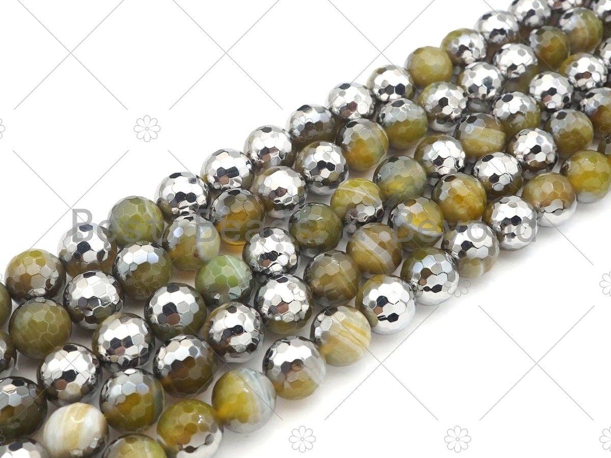 Natural Half Silver Plated Olive Green Agate Beads, 8mm/10mm/12mm Round Faceted Agate Beads, 15.5 Full Strand, sku# UA121