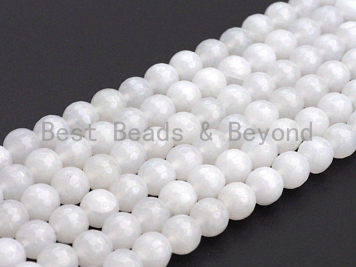High Quality Faceted Round Jade, 6mm/8mm/10mm/12mm White Faceted Jade Beads, Natural Gemstone Beads, Sku#U579