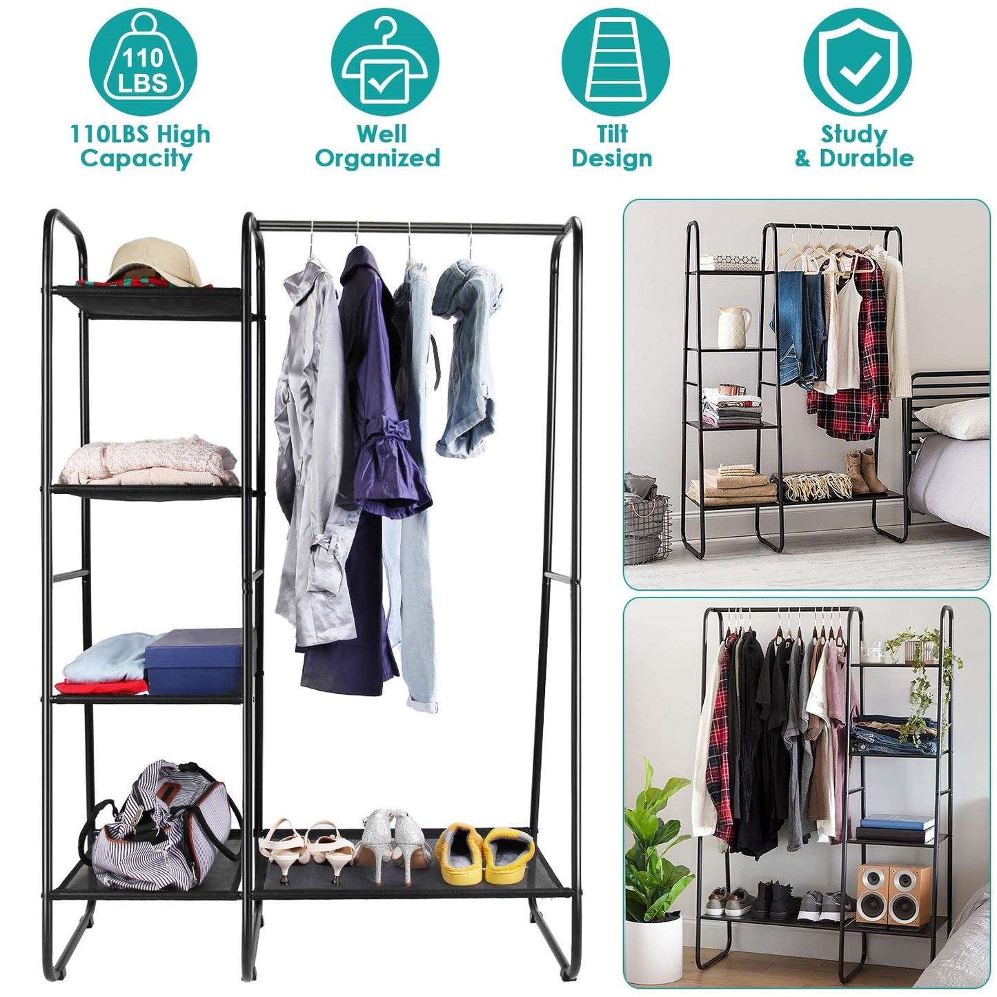 Garment Hanging Rack with Shelves and Wardrobe Display
