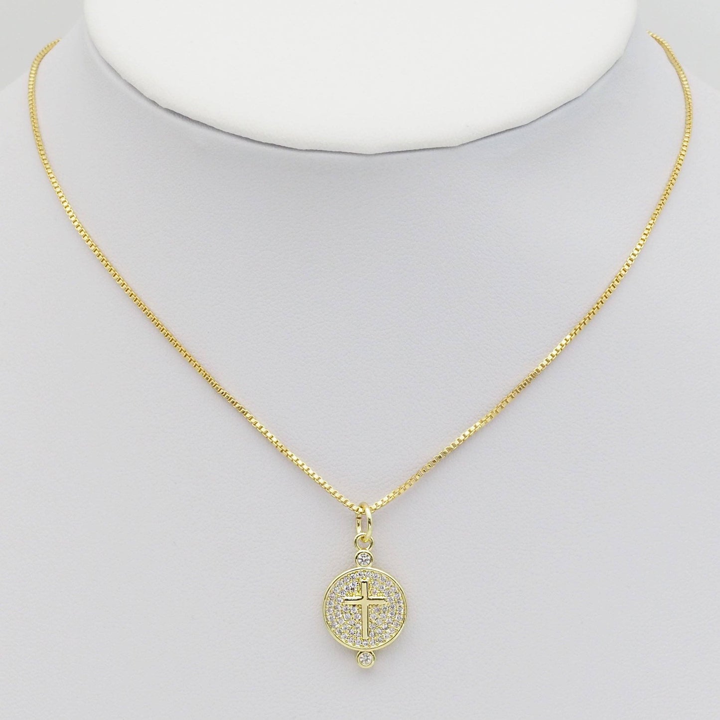Clear CZ Gold Sun Cross Bee On Round Coin Charm, Sku#LX252