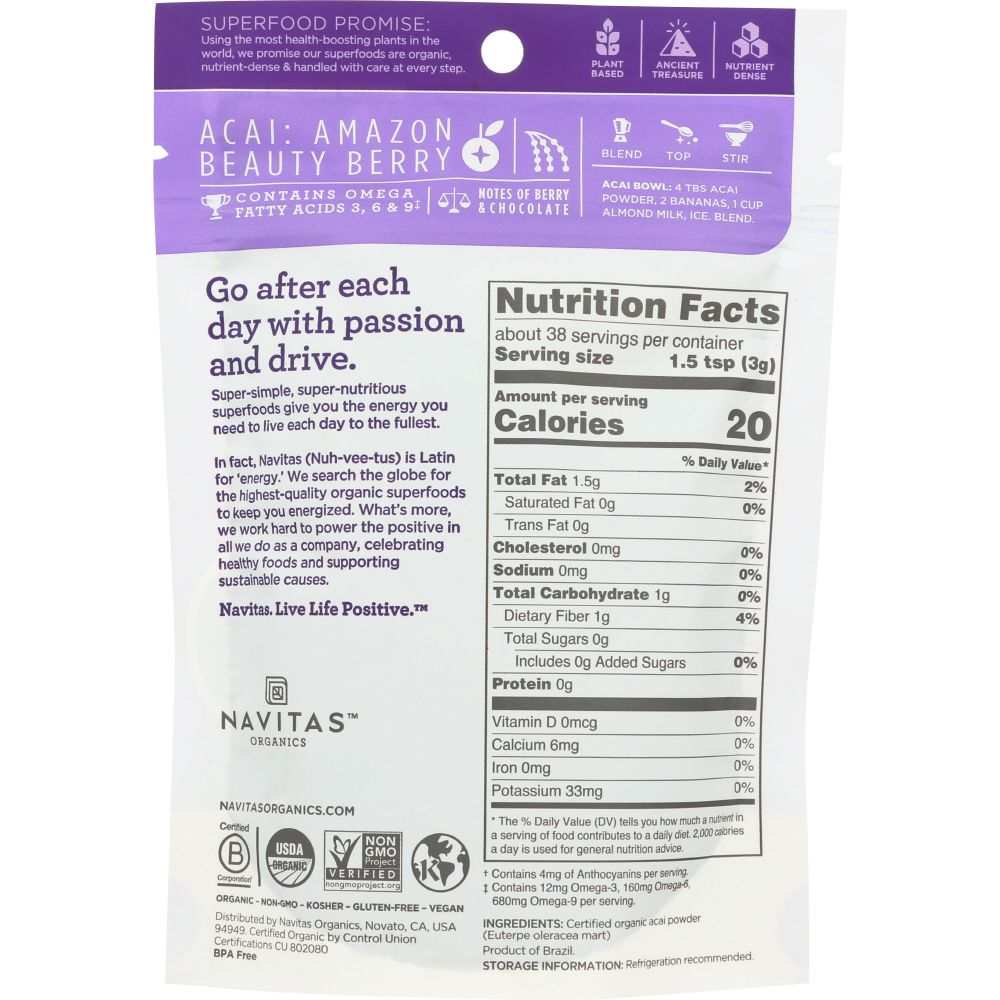 NAVITAS Organic Acai Powder for Boosting Antioxidants & Beauty 4oz