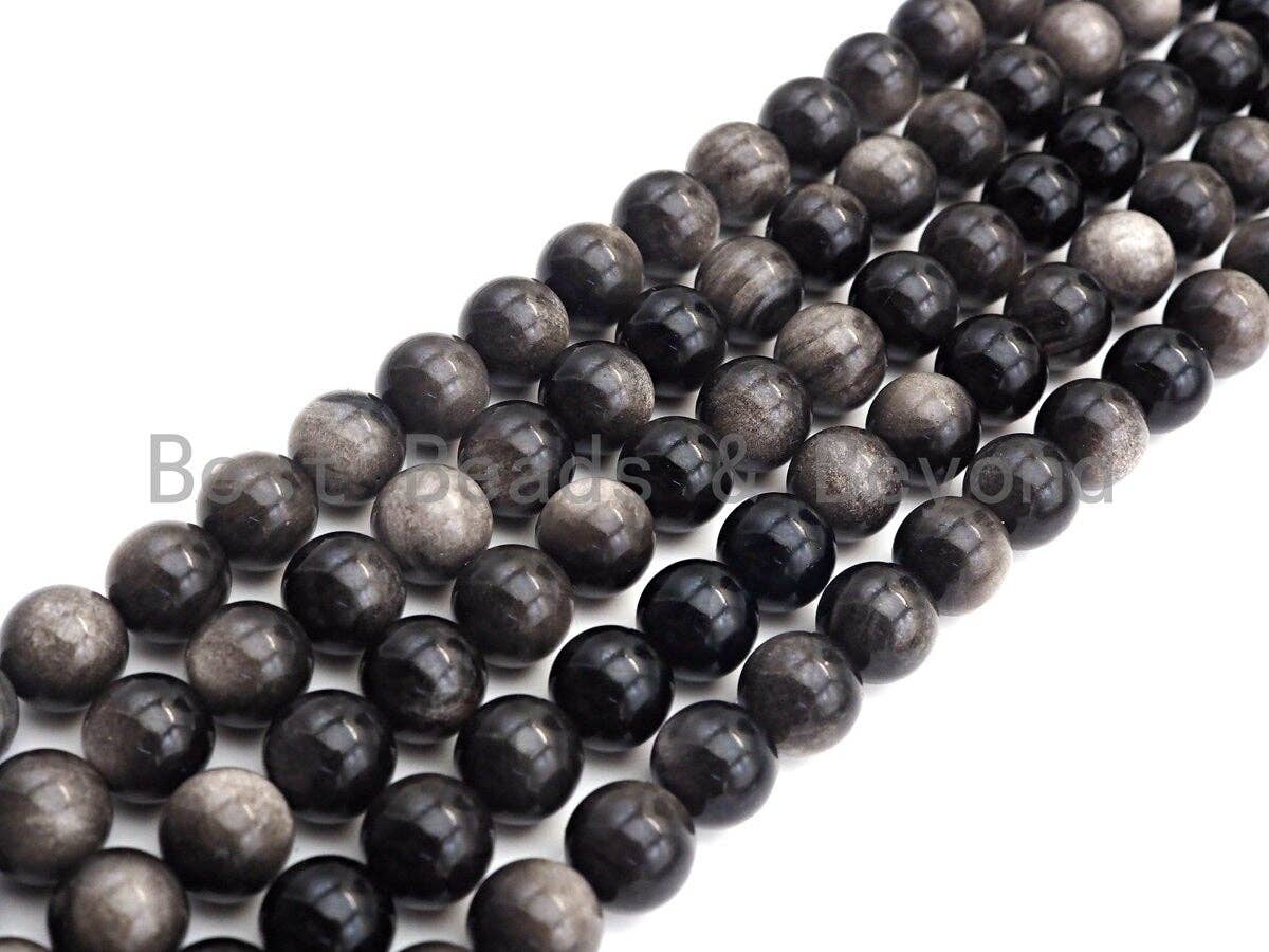 High Quality Natural Silver Obsidian, Round Smooth 6mm/8mm/10mm/12mm/14mm, 15.5" Full Strand, sku#U848
