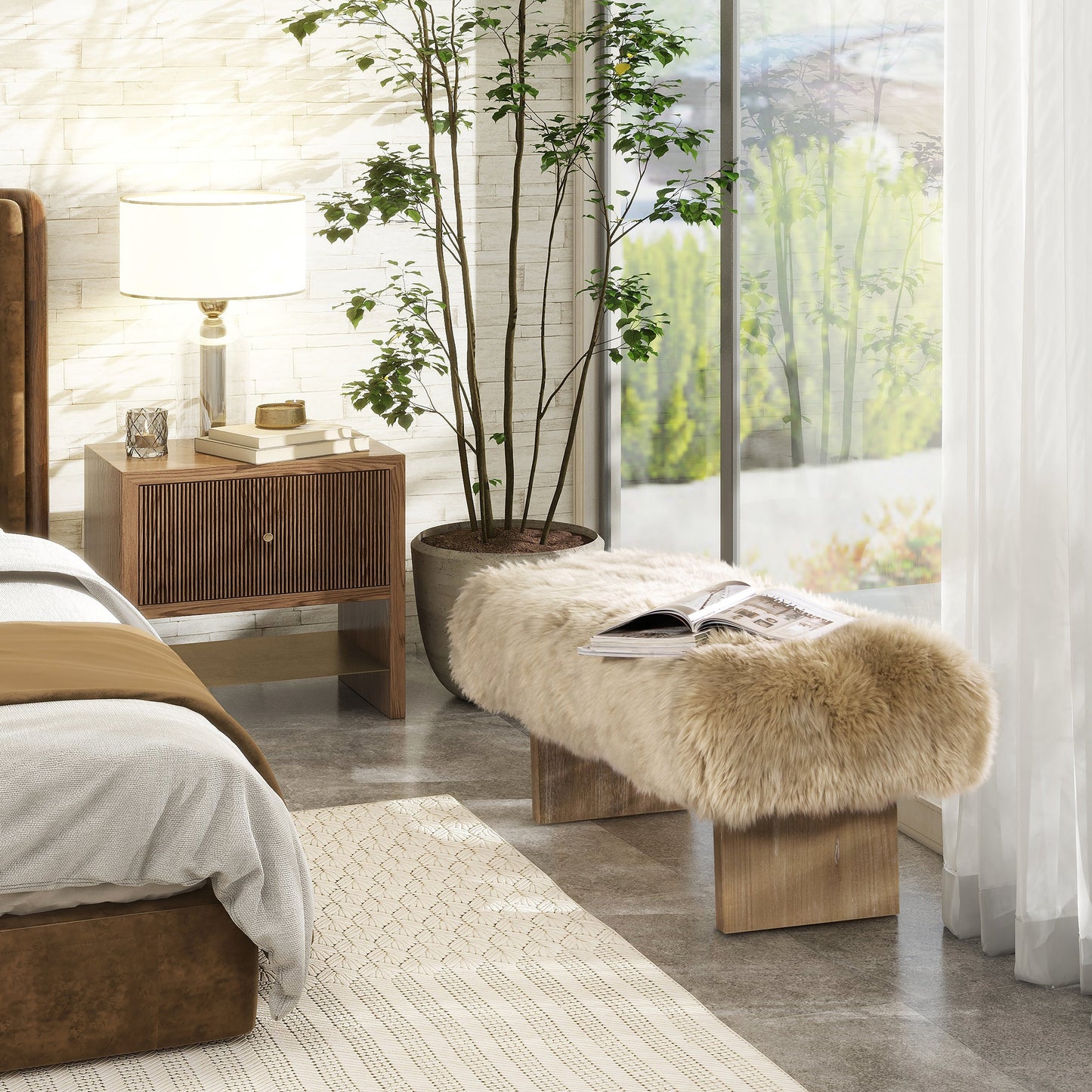 Leda 49" Sheepskin Fur Rectangular Accent Bench