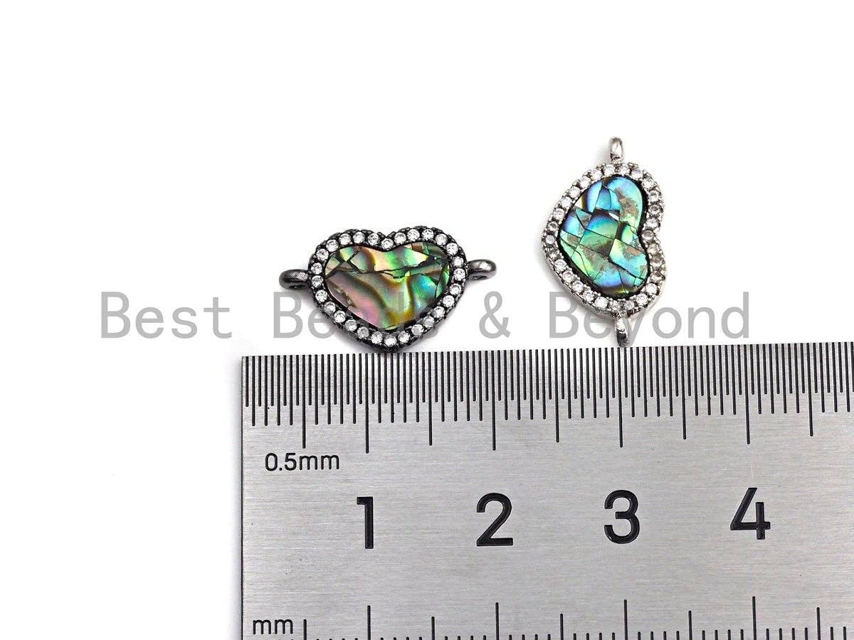 CZ Micro Pave Abalone Heart Connector Beads, Cubic Zirconia Space Connector, Abalone Stone Charm, 10x17mm,SKU#Z934