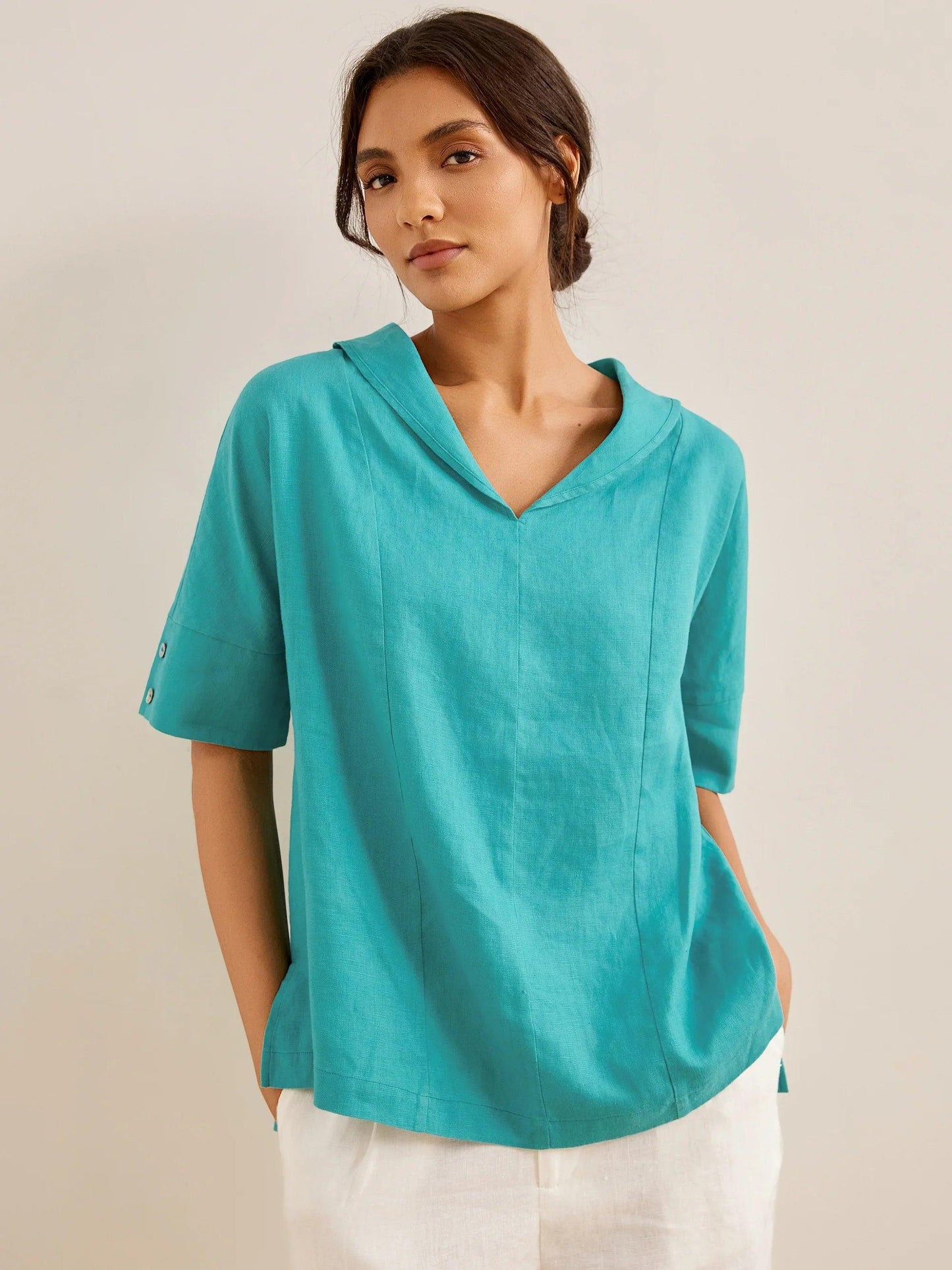 Linen V-Neck Short-Sleeve Shirt SIERRA