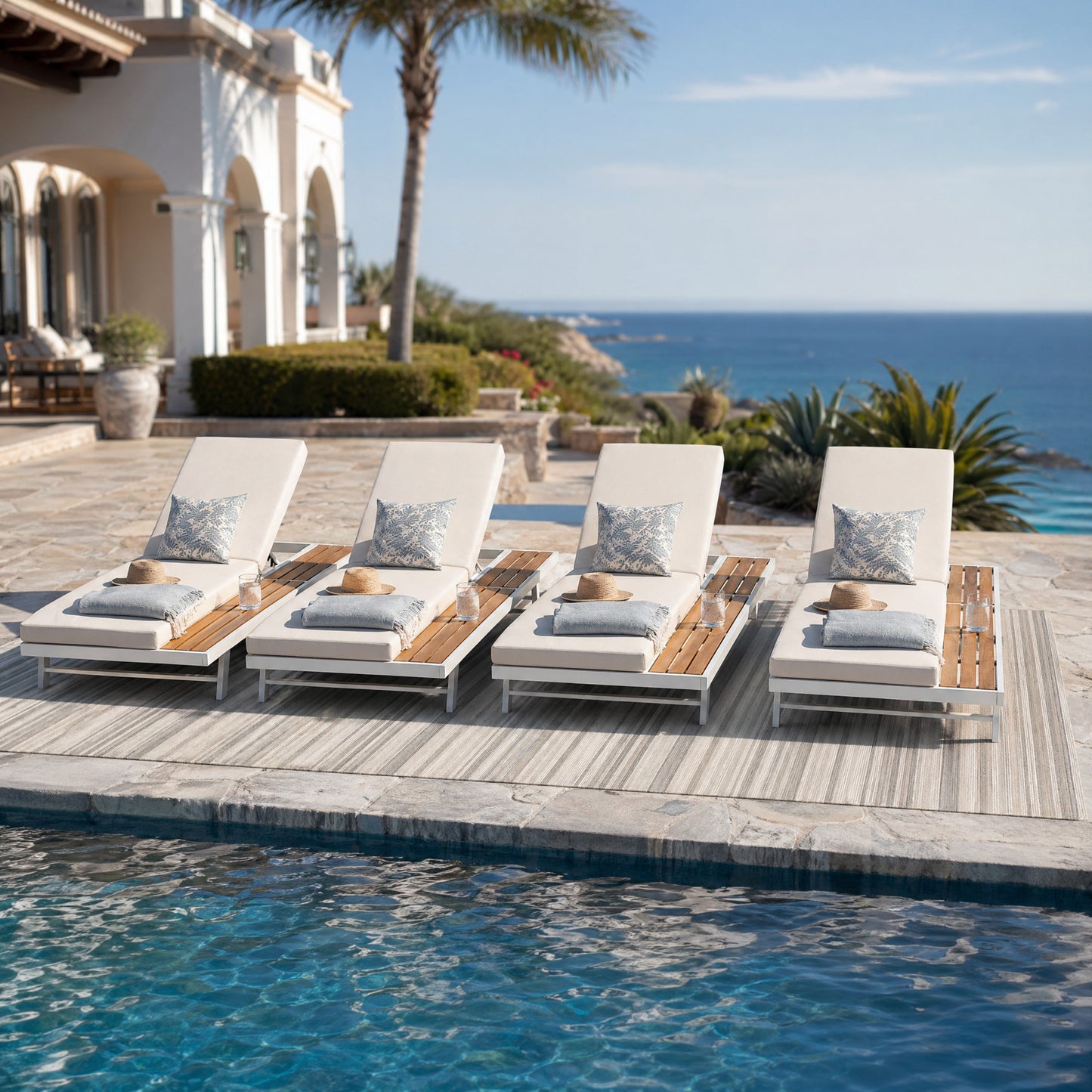 White Iron and Teak Finish Chaise Lounge Set