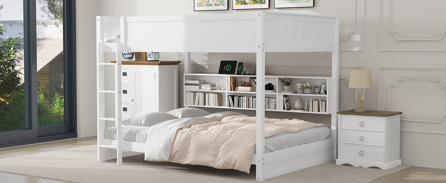 Queen Over Queen Bunk Bed with Storage Cabinets and USB Ports