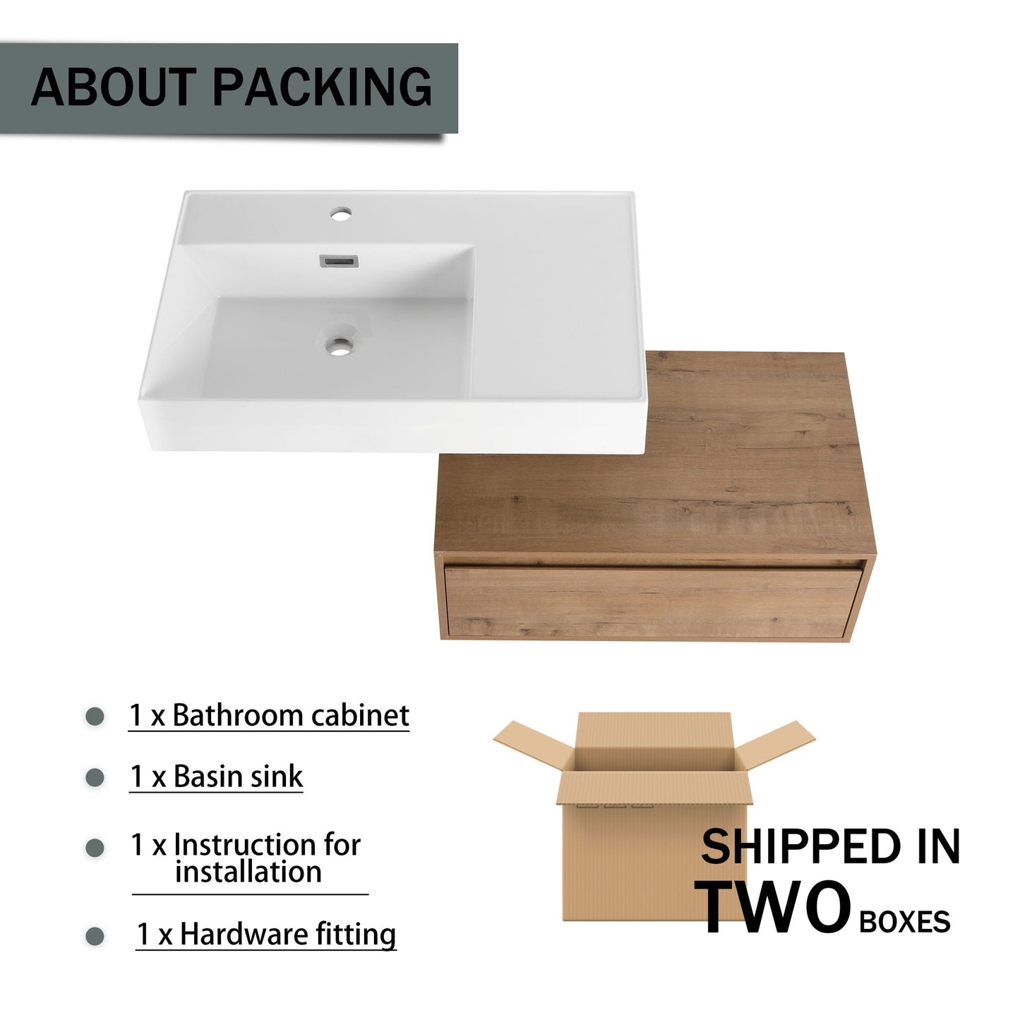 Modern Wall Mounted Bathroom Vanity With Resin Sink And Soft Close Drawer - Imitative Oak