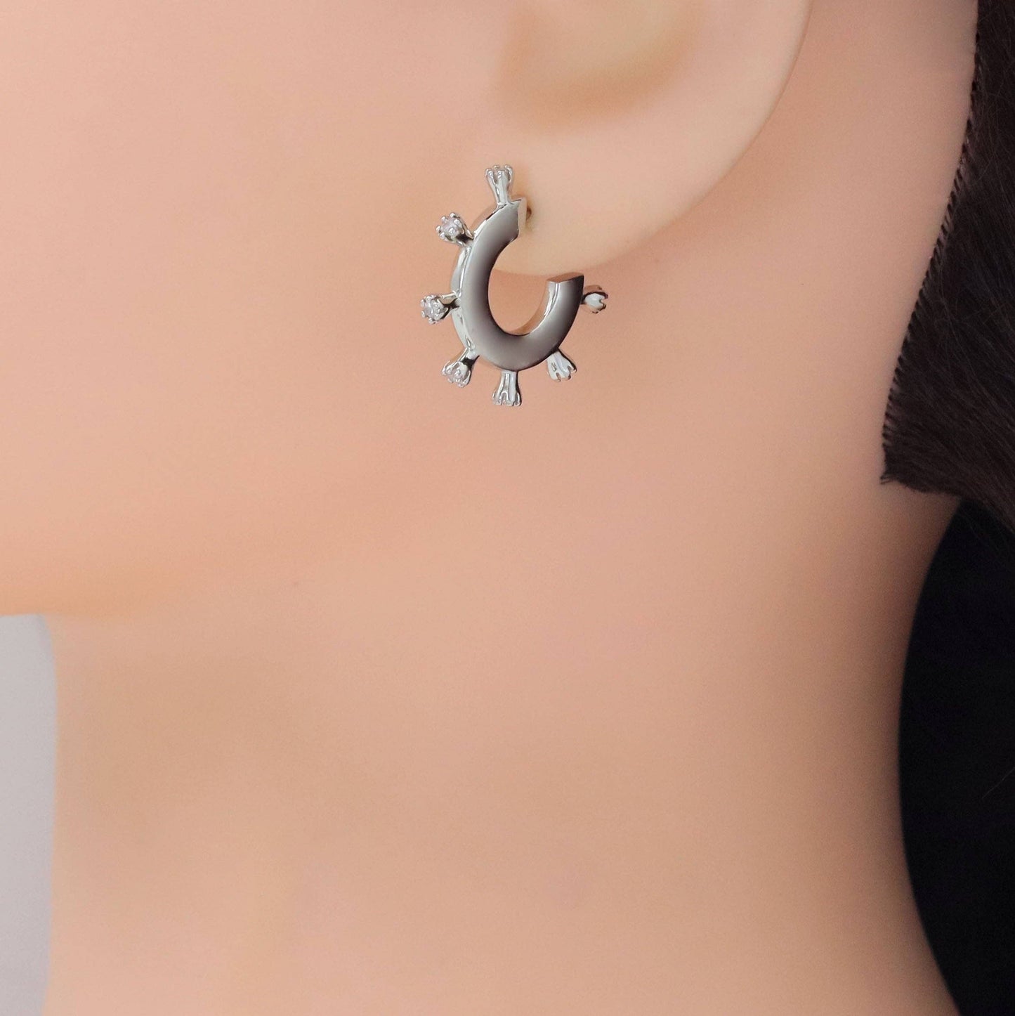 Gold Silver Spike Flower bud huggie Earrings, Sku#A250