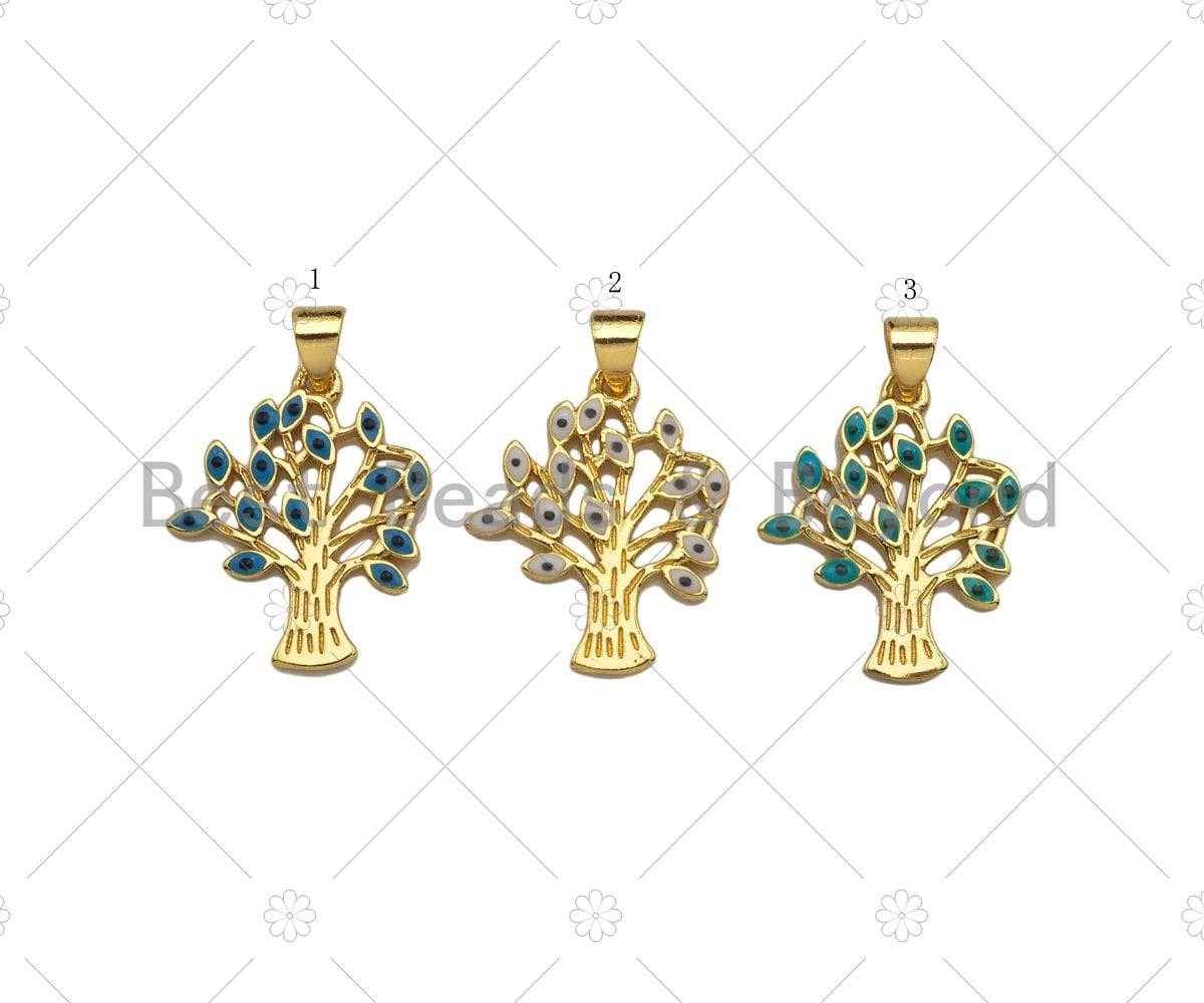 Enamel Evil Eye On Life Tree Shape Pendant, 18K Dainty Gold Charm, Necklace Bracelet Charm Pendant,19x22mm,Sku#JL32