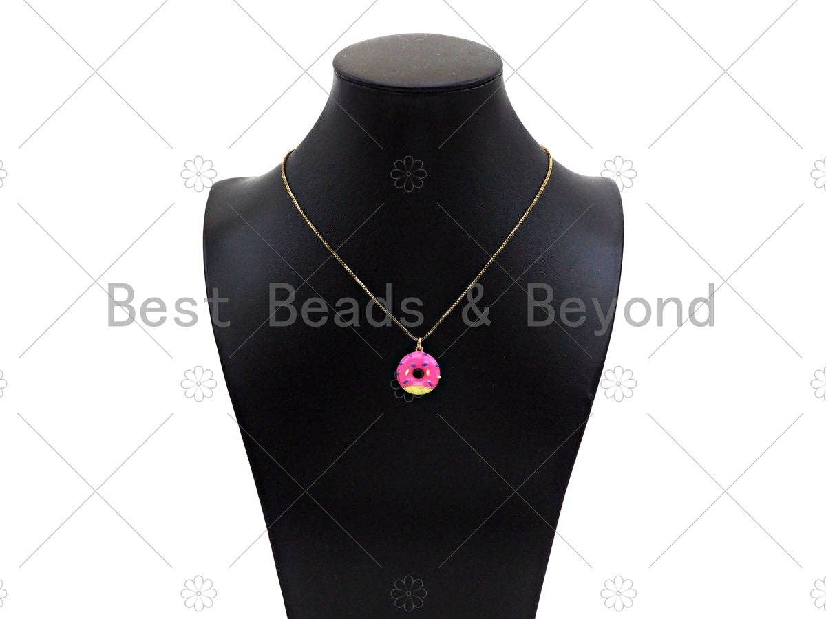 Gold Filled Colorful Enamel Doughnut Shape Pendant,18K Gold Filled Pink/Blue/Brown Enamel Charm,18x20mm,Sku#L571