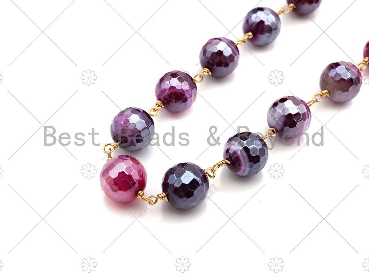 Mystic Agate Green/Aqua Blue/Pink Rosary Chain, 10mm Agate Beaded Chain, Wire Wrapped Gold Chain,Sku#V88