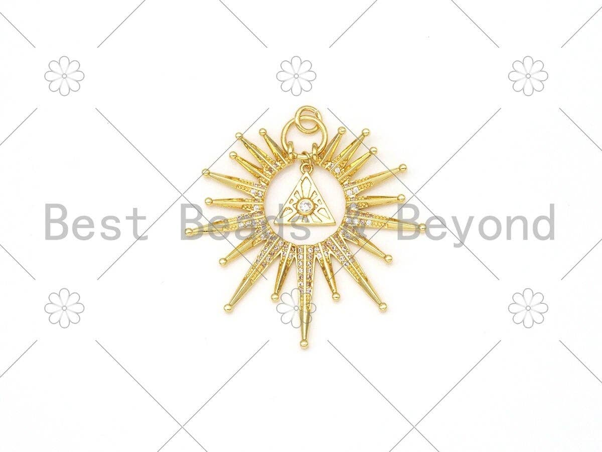 Micro Pave CZ Triangle On North Star Shape Pendant, 18K Gold Filled Radial Charm, Necklace Bracelet Charm Pendant, 41x38mm, Sku#LK400