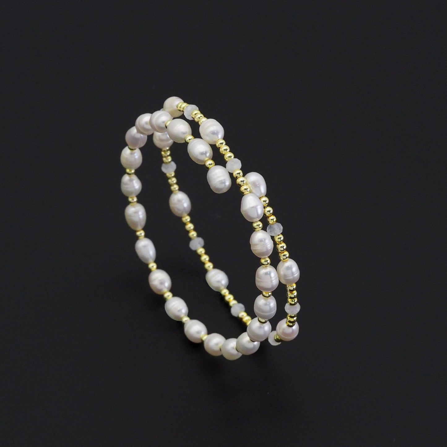 CZ White Pearl Gold Spacer Wire Wrap Bracelet, Sku#EF519