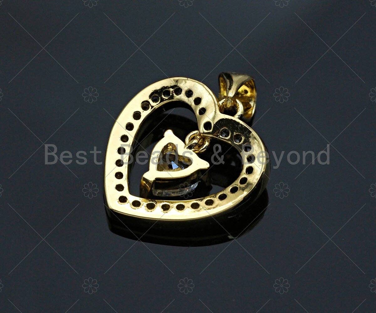 18K Gold Heart with Dangle Diamond Pendant, Heart Charm, Gold Heart Pave Pendant, Gold plated, 16mm, Sku#LK59