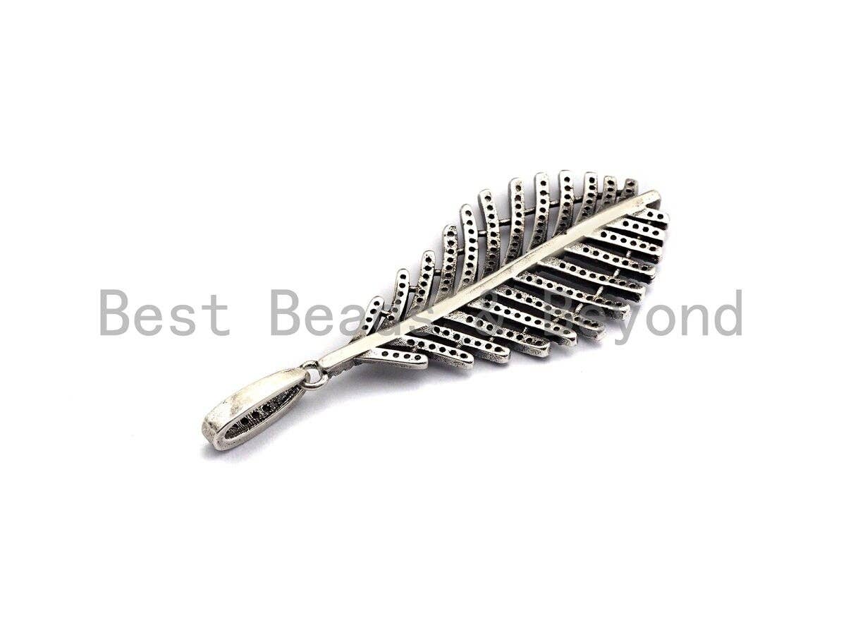 CZ Micro Pave Leaf Pendant, Antique Silver Tone, Clear Cubic Zirconia Big Pave Leaf Charm Pendant, 22x44mm,sku#F1010C