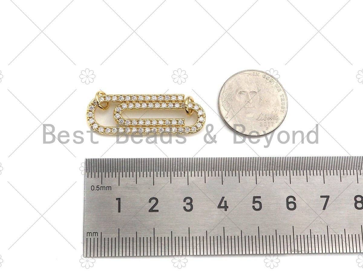 CZ Micro Pave Paper Clip Charm,Cubic Zirconia Silver/Gold Connector, Necklace Bracelet Charm Pendant, 12x35mm, Sku#L553
