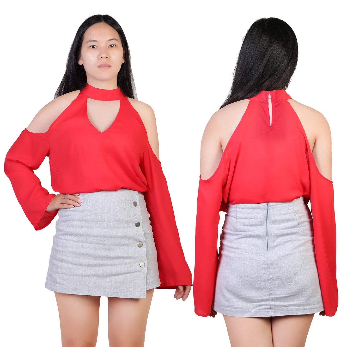 Off-the-Shoulder Blouse with V-Neck and Long Sleeves