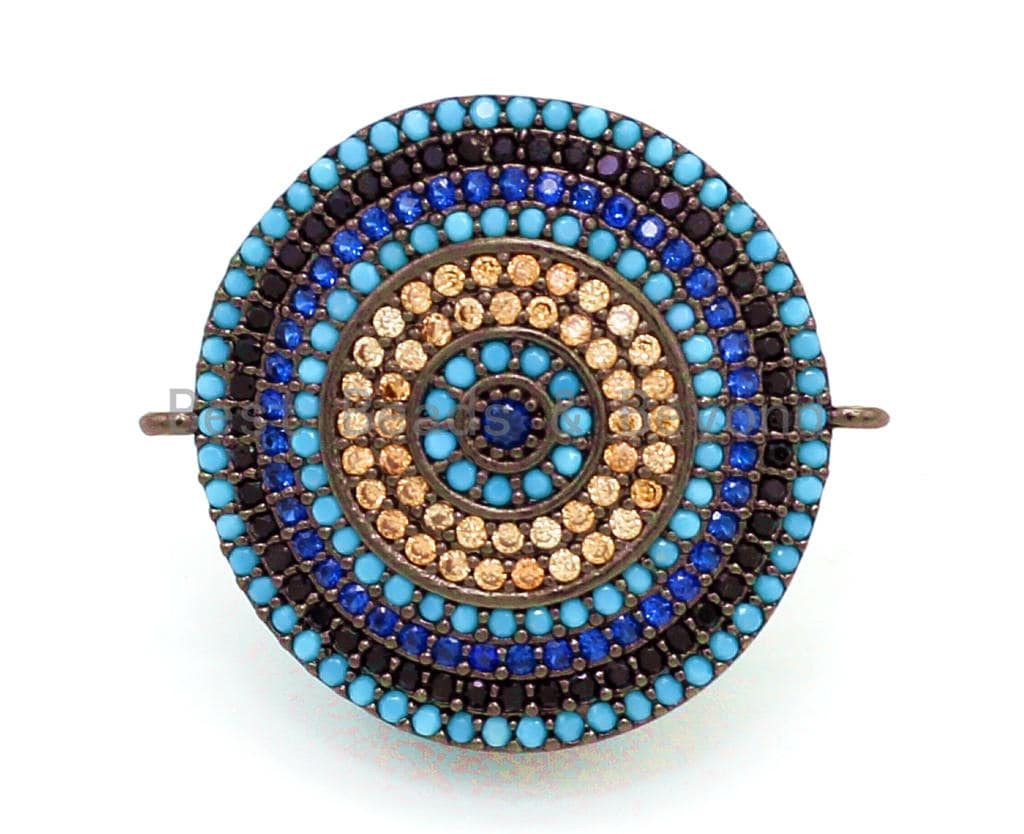 CZ Micro Pave Turquoise Cobalt Round Coin Connector for Bracelet/Necklace, Cubic Zirconia Space Connector, 23mm, 1pc, sku#E27