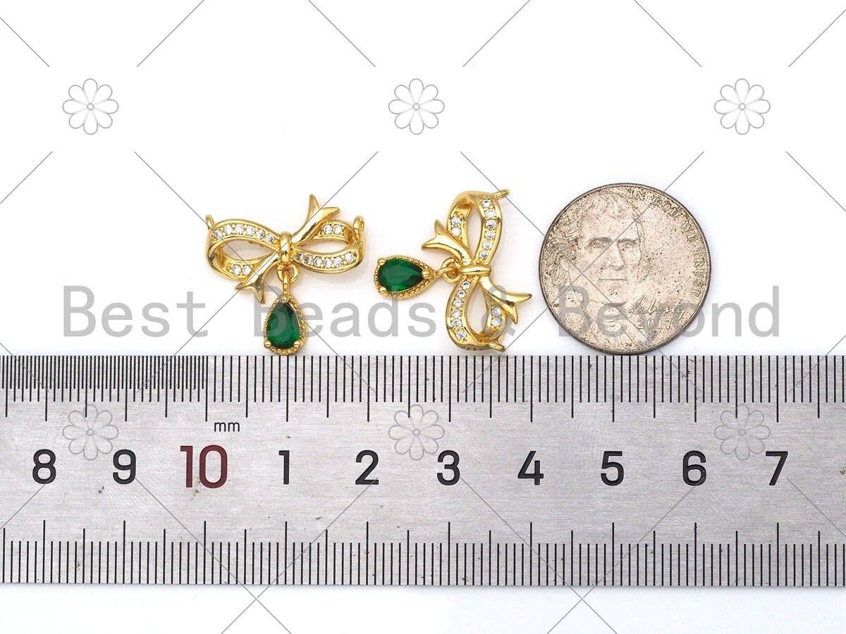 Emerald Green Teardrop CZ Micro Pave Bowknot Shape Pendant/Charm,18K Gold Filled Charm, Necklace Bracelet Charm Pendant,20x19mm,Sku#LK401