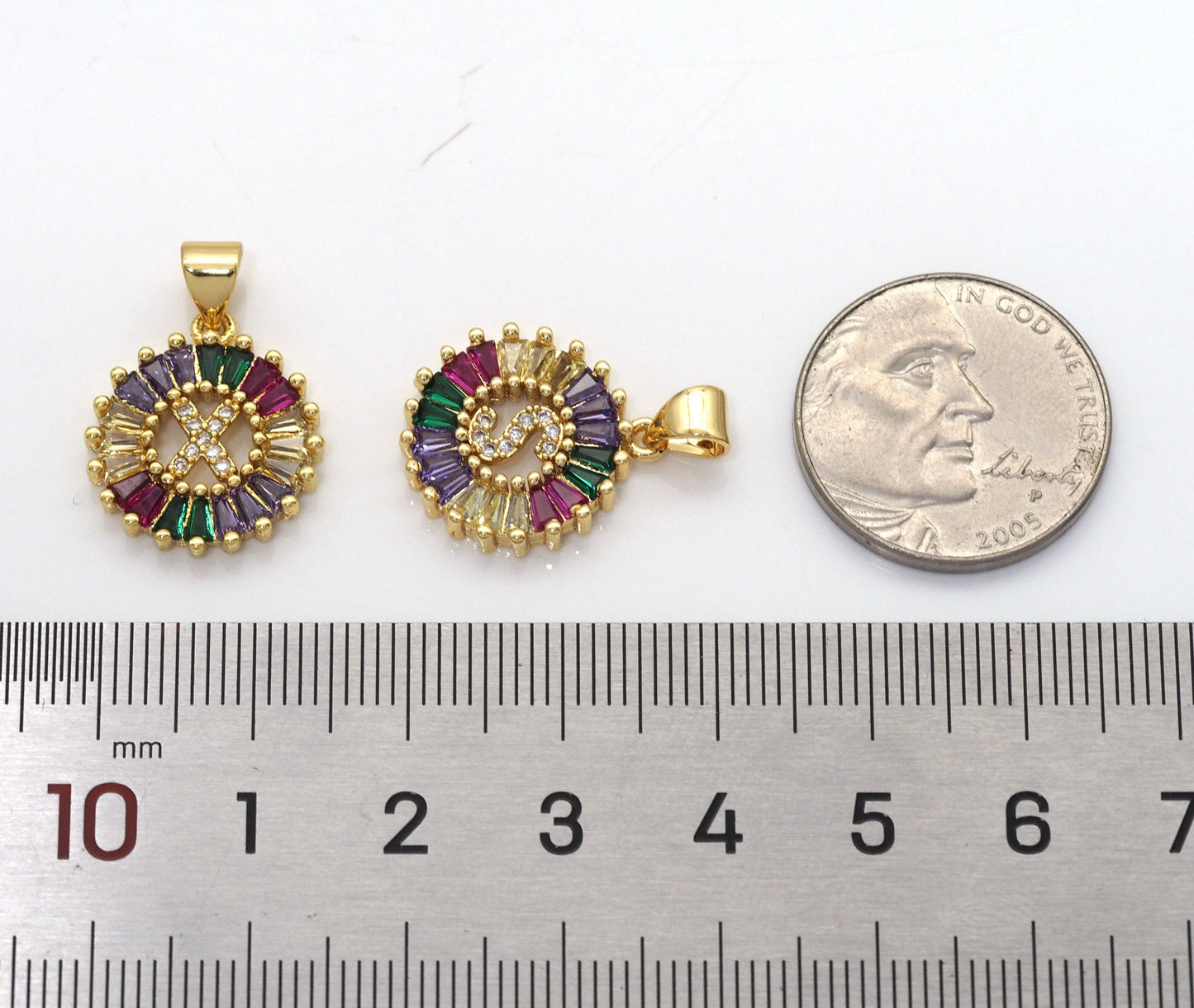Colorful Baguette CZ initial Letters Round Charm, Sku#JL174