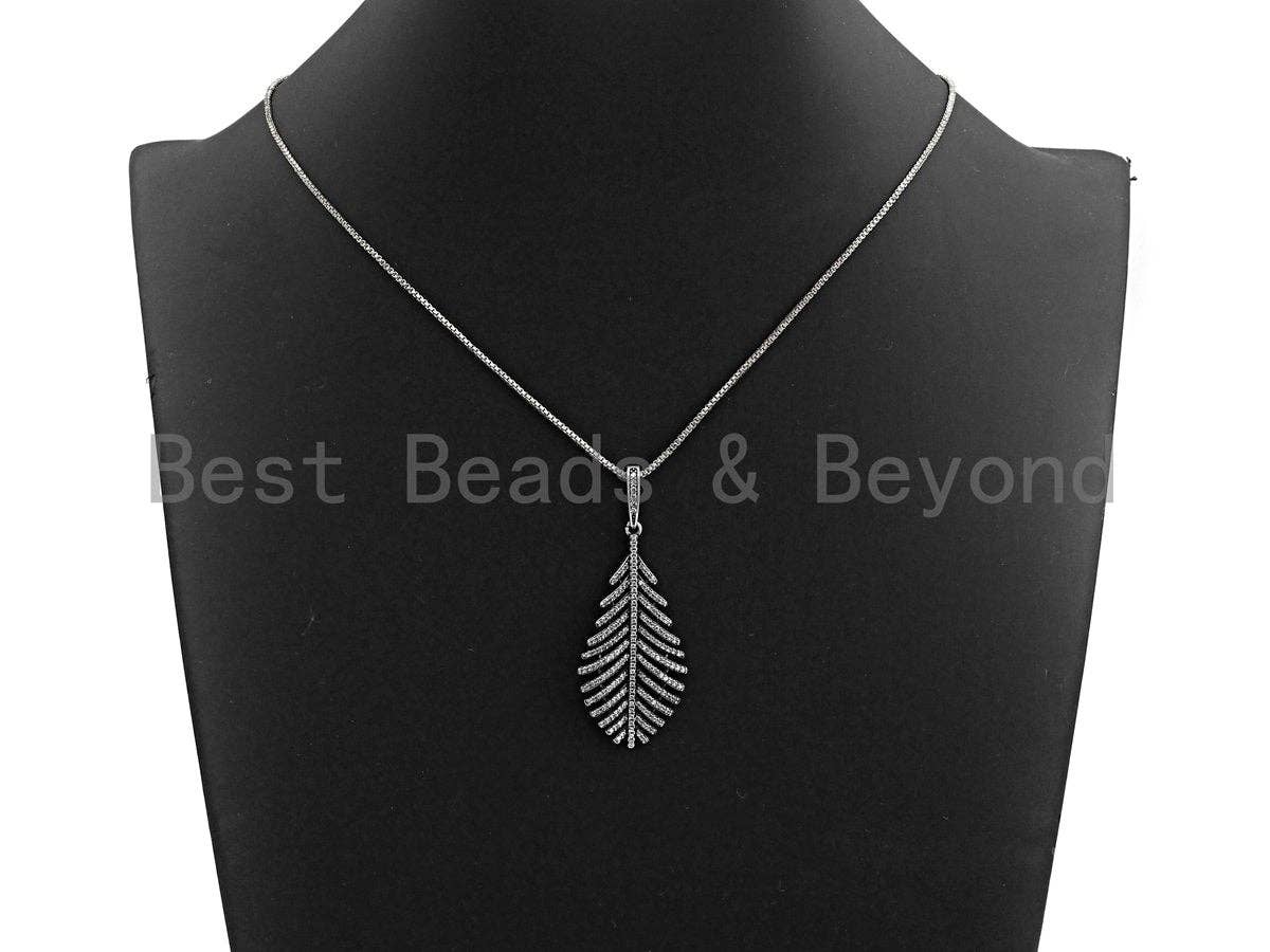 CZ Micro Pave Leaf Pendant, Antique Silver Tone, Clear Cubic Zirconia Big Pave Leaf Charm Pendant, 22x44mm,sku#F1010C
