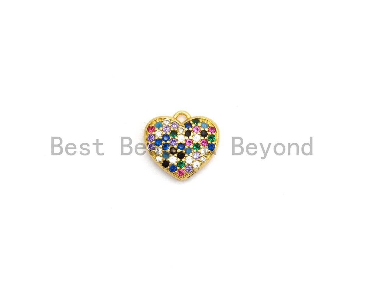 CZ Multi-color Micro Pave Heart Pendant, Heart Shaped Pave Pendant, Gold plated Heart Charm, 12x11mm, Sku#B117