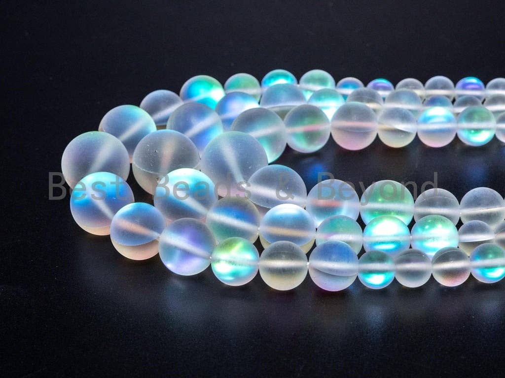 Matte Rainbow Manmade Moonstone Graduated Strand, 6mm-16mm Round Matte White beads, Aura Moonstone Beads ,15.5inch FULL strand, SKU#U79