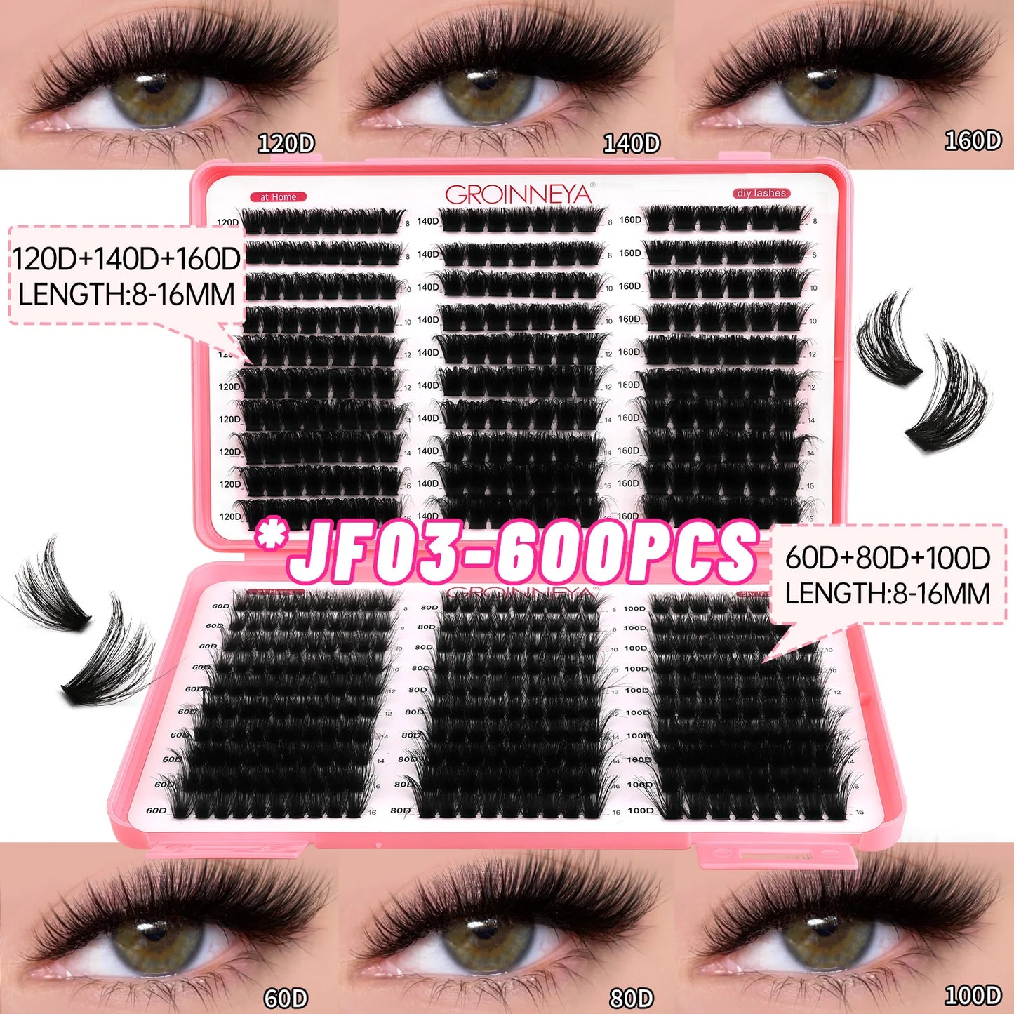 Spikes Lash Individuals Volume Eyelash Clusters D-Curly Lash Clusters Kit 10-20MM DIY Eyelash Extensions,6 Styles Lash Clusters